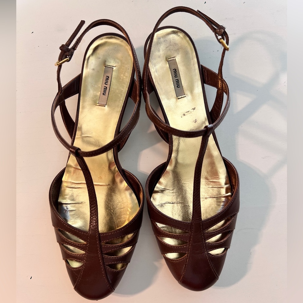 Miu Miu Chocolate Brown Strappy Kitten Heel Sandals